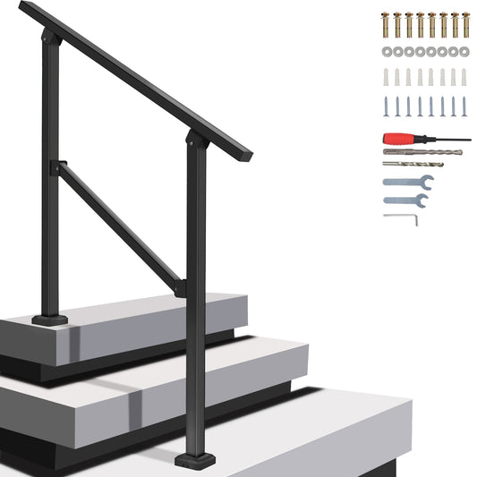 Handrails for Outdoor Steps,Anti Rust Coating Heavy Duty Handrail Supports with Stainless Steel Screw Installation Kit for Concrete/Wood/Brick (2-3 Step)