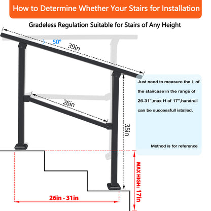 Handrails for Outdoor Steps,Anti Rust Coating Heavy Duty Handrail Supports with Stainless Steel Screw Installation Kit for Concrete/Wood/Brick (2-3 Step)